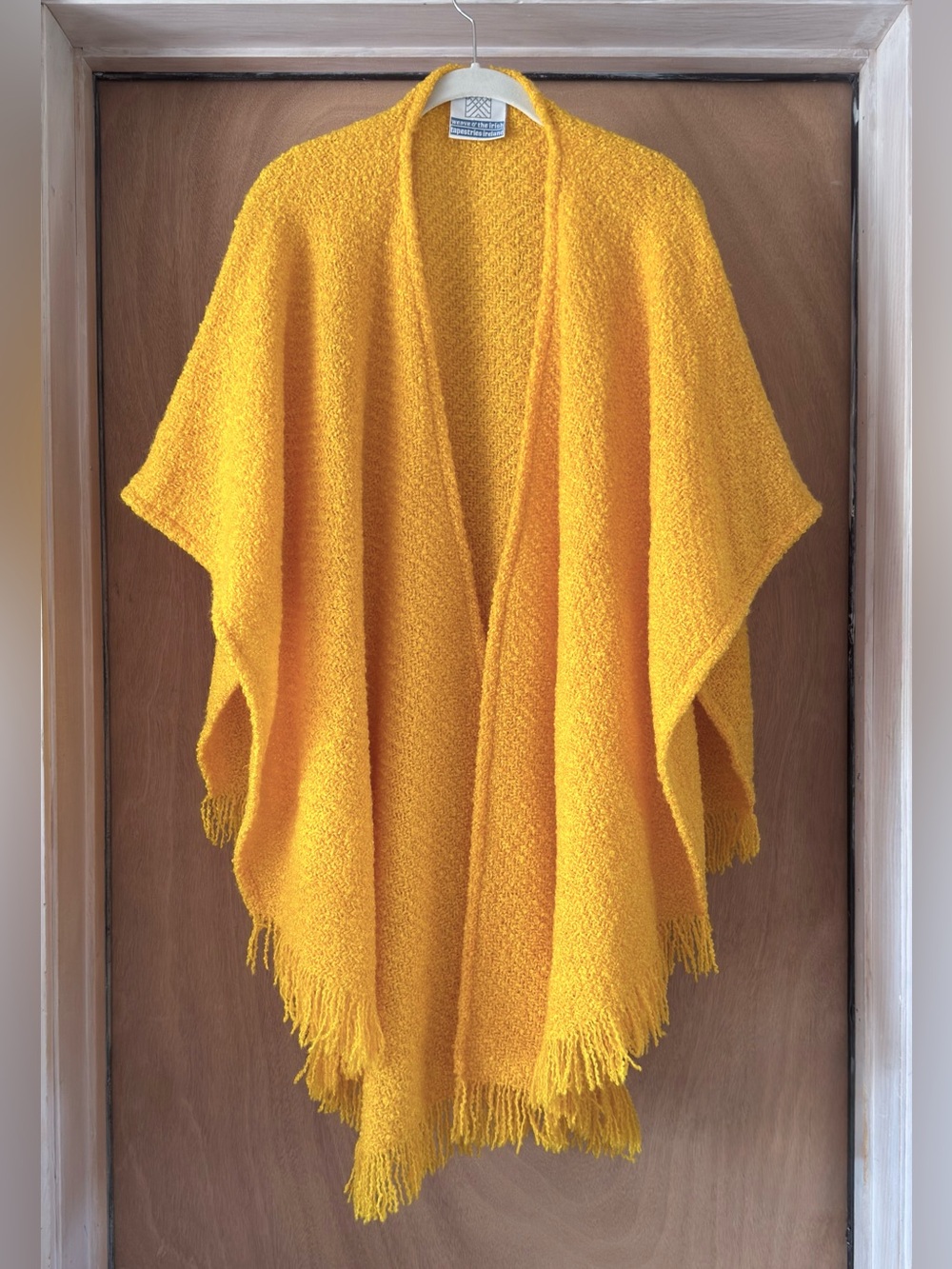 Vintage 70s Weave o' the Irish Wool Boucle Ruana Cape Mustard Yellow Flawless OS